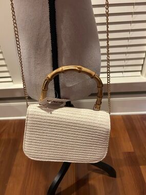 Cream Woven Crossbody with Bamboo Top Handle and Gold Chain Strap